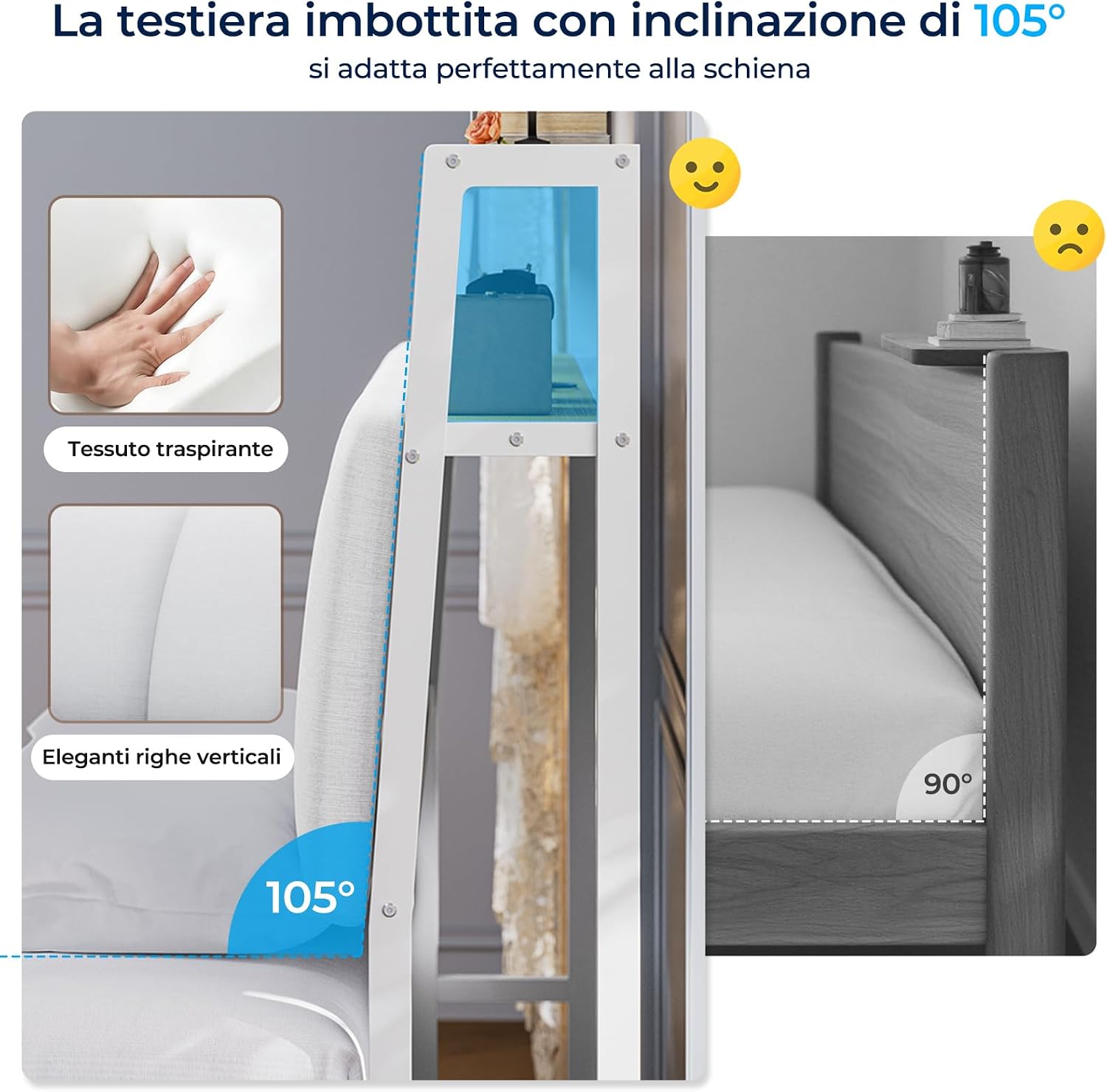 Detalle de Brinlawb Struttura Letto 140x190 cm con Testiera Imbottita, LED e Ricarica – Bianco