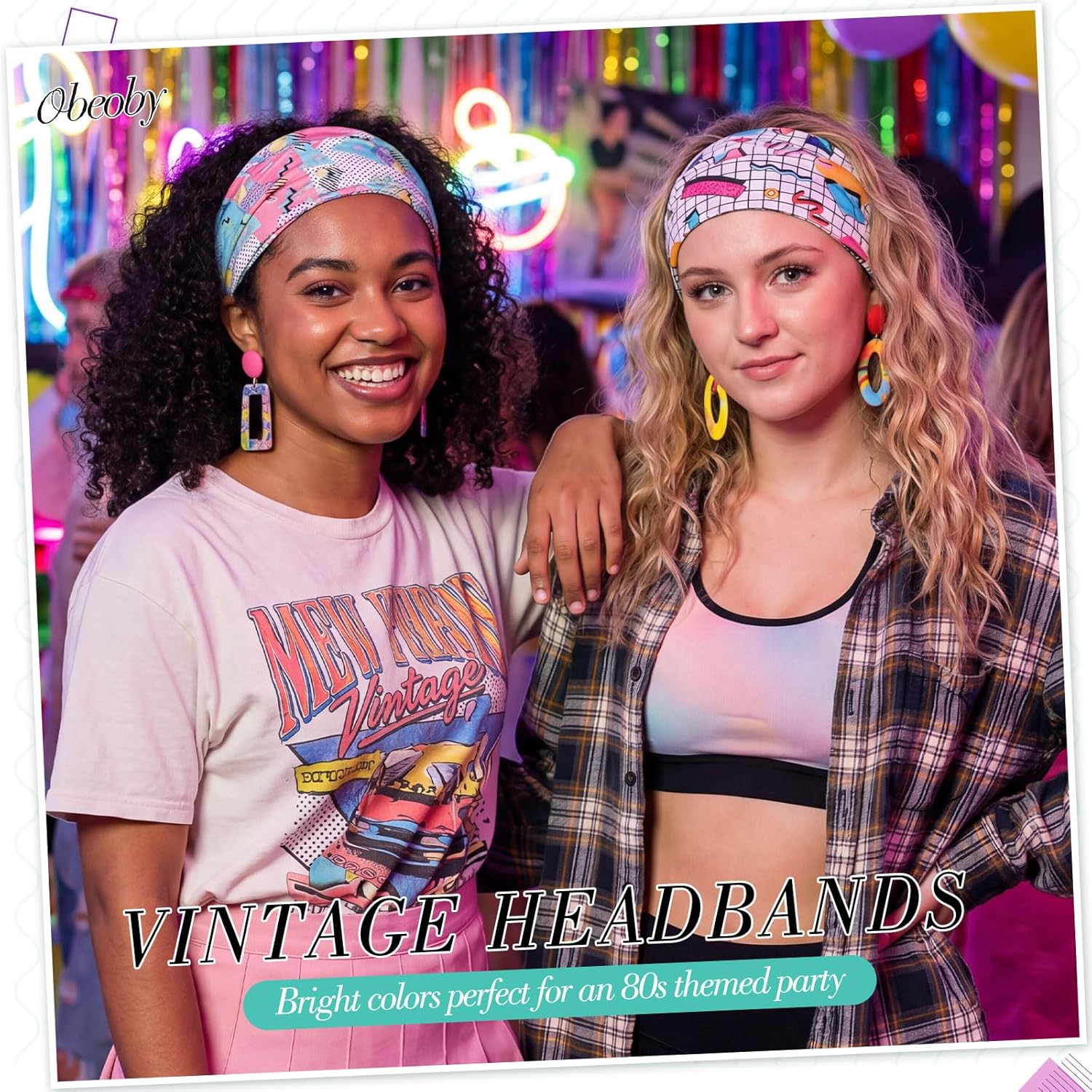 Detalle de obeoby 8 Pack Neon 80s Print Headbands for Rave Outfits — Retro Style for Women