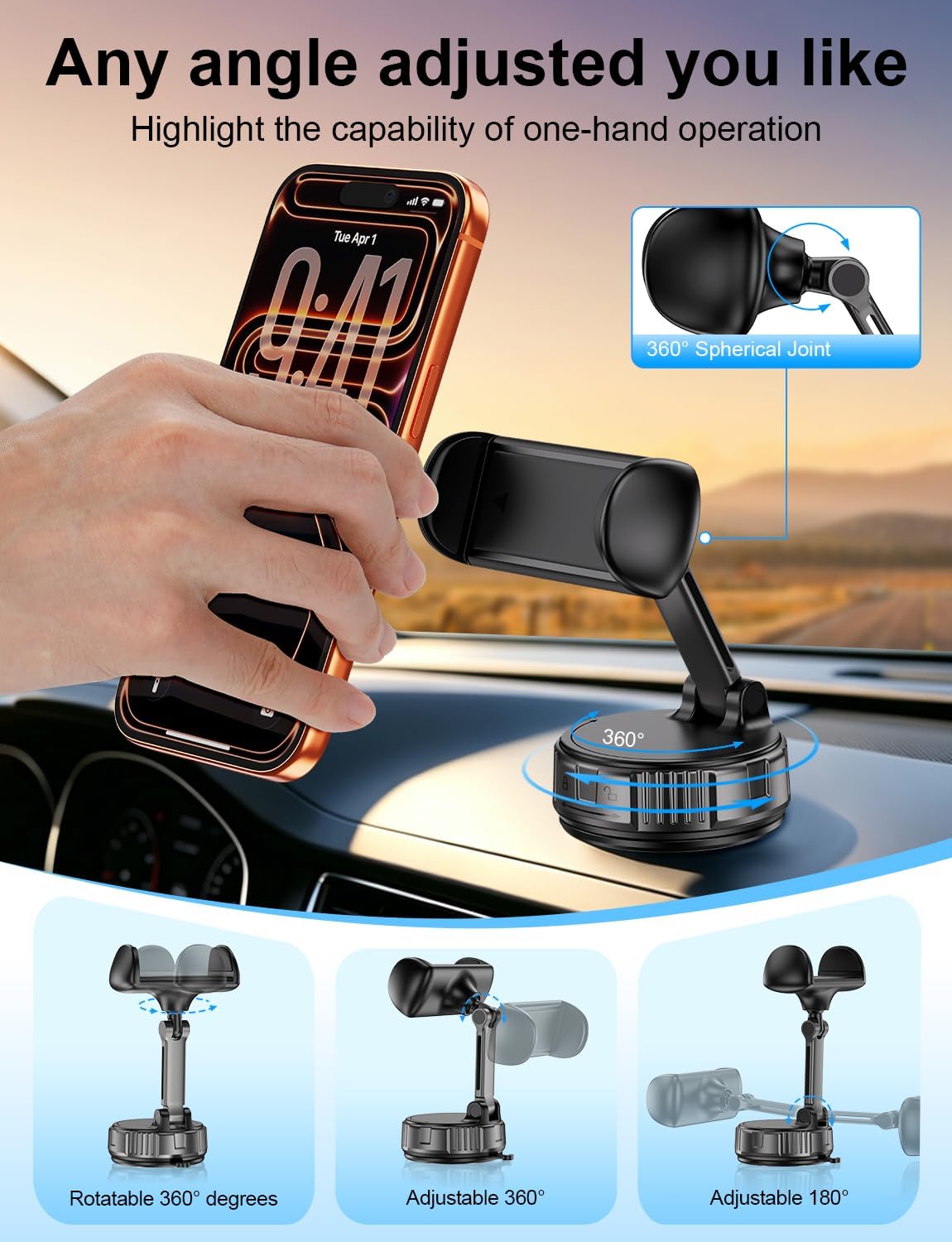 Detalle 1 de bokilino Vacuum Suction Car Phone Mount with 360° Rotation and Nano Gel Base