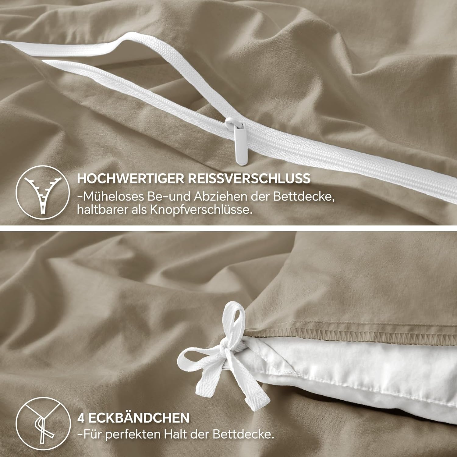 Thumbnail 4 de BEDELITE Bettwäsche 135x200 cm aus Baumwolle, 4-teilig (2er Set + 2 Kissenbezüge 80x80) – Beige