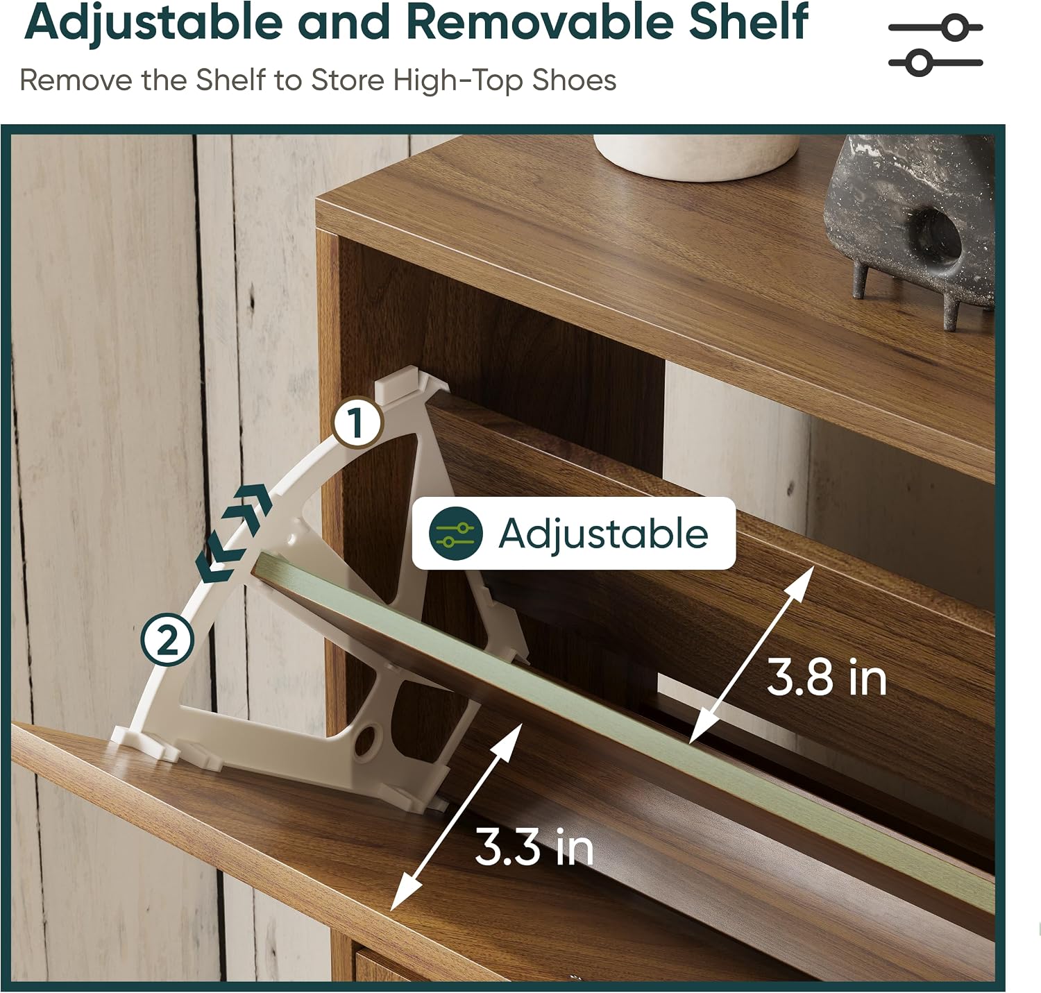 Detalle 2 de Morwdxef WoodenShoeCabinet Shoe Cabinet, 2 Flip Drawers, 23.6" Wide, Walnut