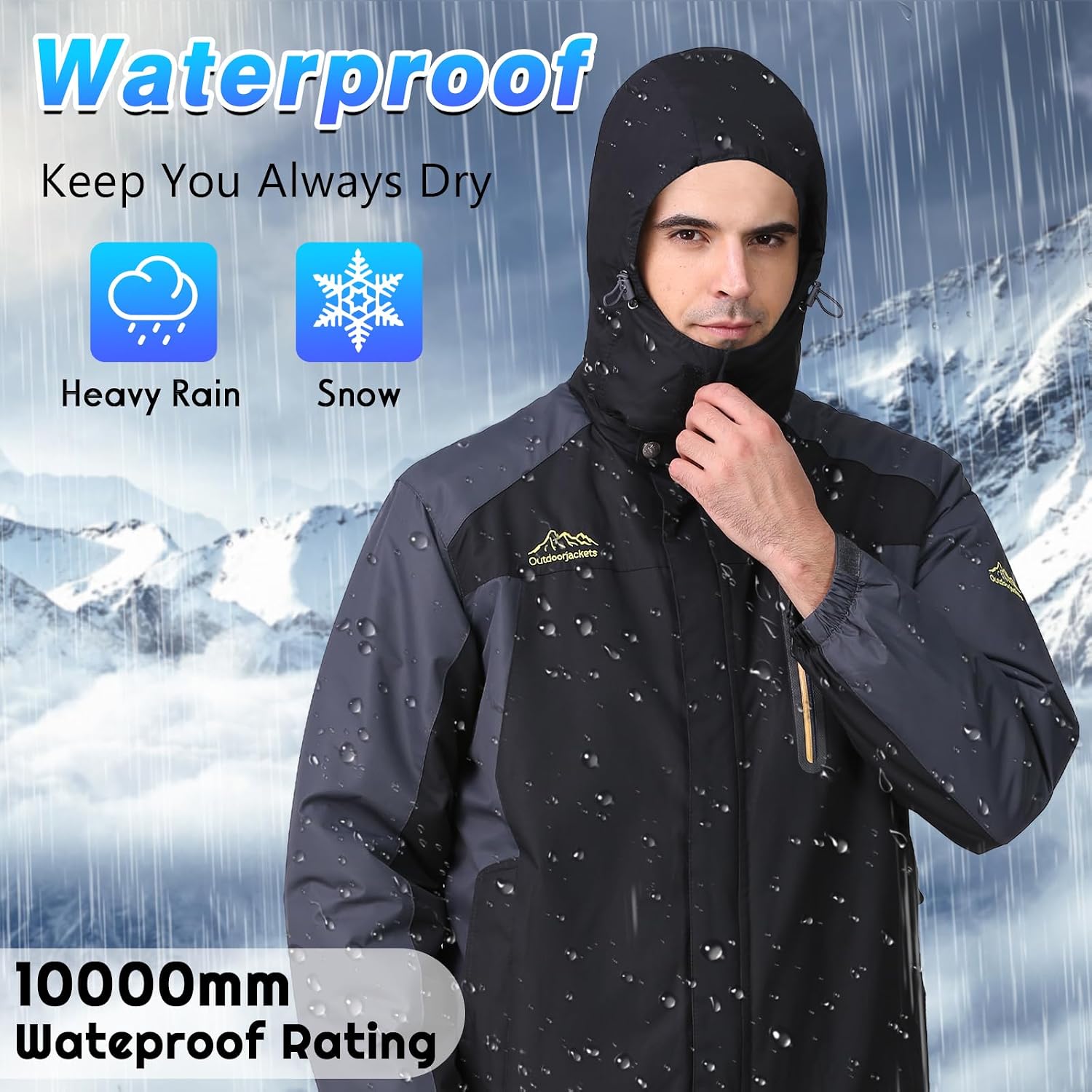 Detalle de R RUNVEL Men's Waterproof Fleece Jacket with Detachable Hood