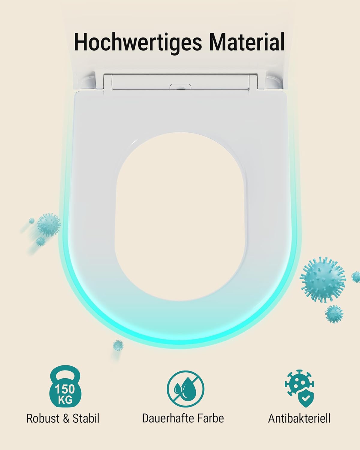 Detalle de HySail Toilettendeckel mit Absenkautomatik – robust, hygienisch, farbbeständig (D-Form Lang, Weiß)