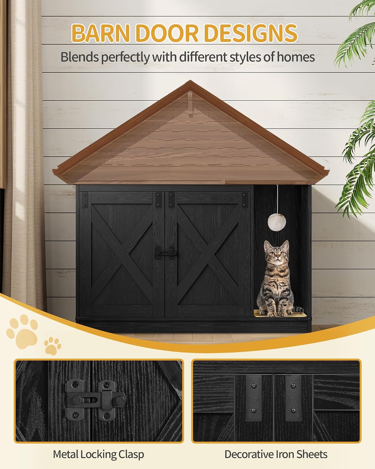 Detalle 2 de Hzuaneri CB85204X Cat Litter Box Enclosure, Black Farmhouse Cabinet
