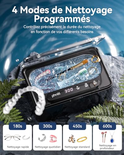 Detalle de Phniti Nettoyeur Ultrasons 47kHz 330 ml – Nettoyage en douceur pour prothèses, gouttières et bijoux
