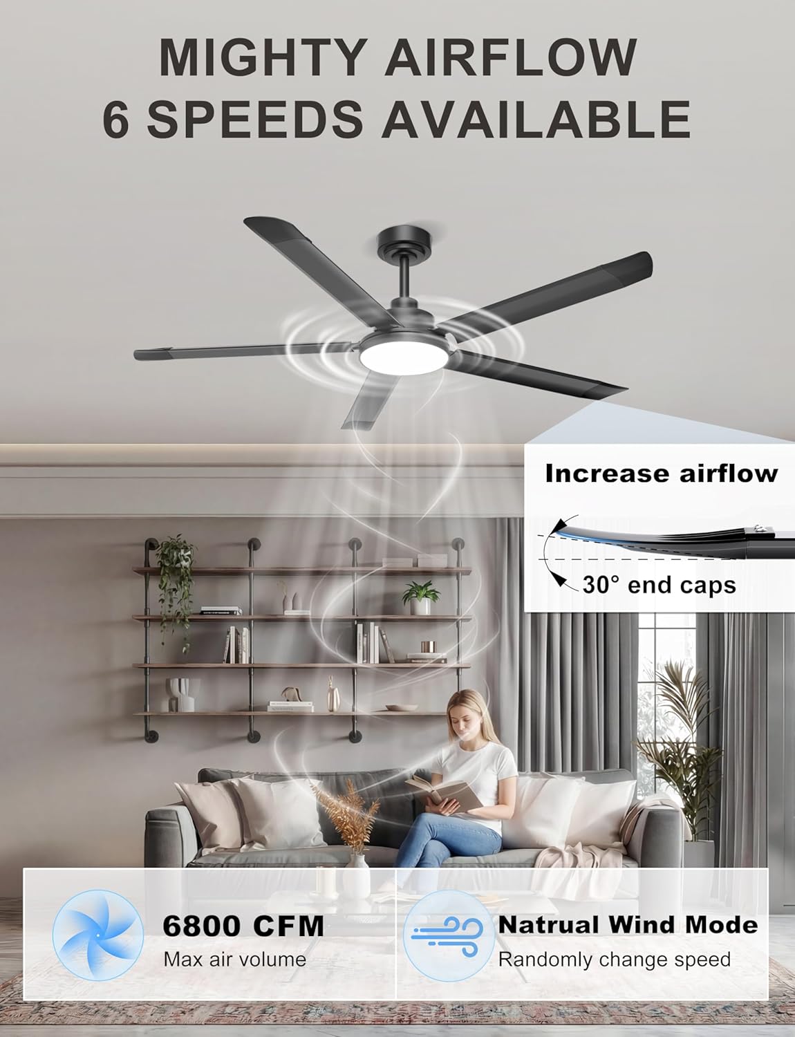 Thumbnail 1 de Ohniyou 60'' Ceiling Fan with Lights — Industrial 5-Blade, Black, App & Remote Control