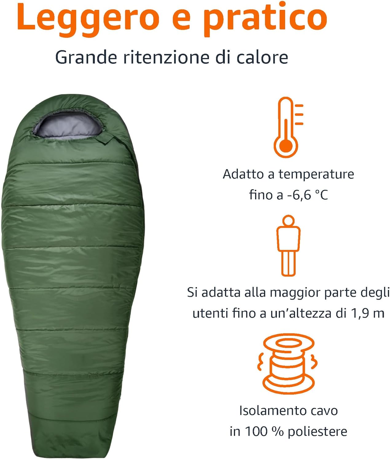 Detalle de Amazon Basics Sacco a Pelo per Campeggio ed Escursioni a Clima Freddo - Mummia, Verde Oliva, 83.8 x 208 cm