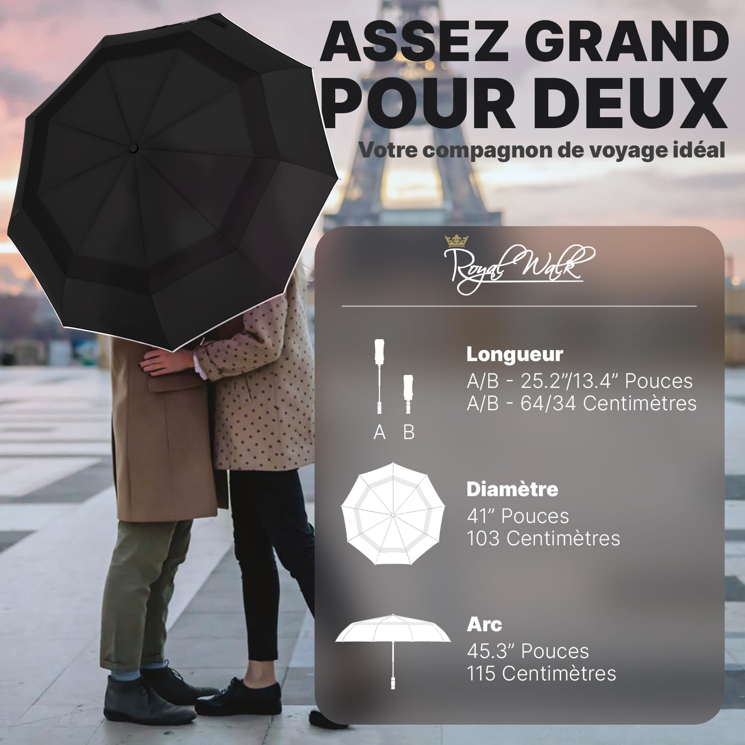 Thumbnail 1 de Royal Walk – Parapluie de voyage pliable coupe-vent double toile ventilée, poignée en bois véritable (Noir, L)