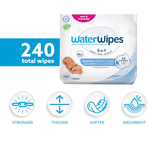 Detalle de WaterWipes Sensitive+ Newborn & Baby Wipes, 240 Count (4 Packs) - 99.9% Water, Unscented, Hypoallergenic