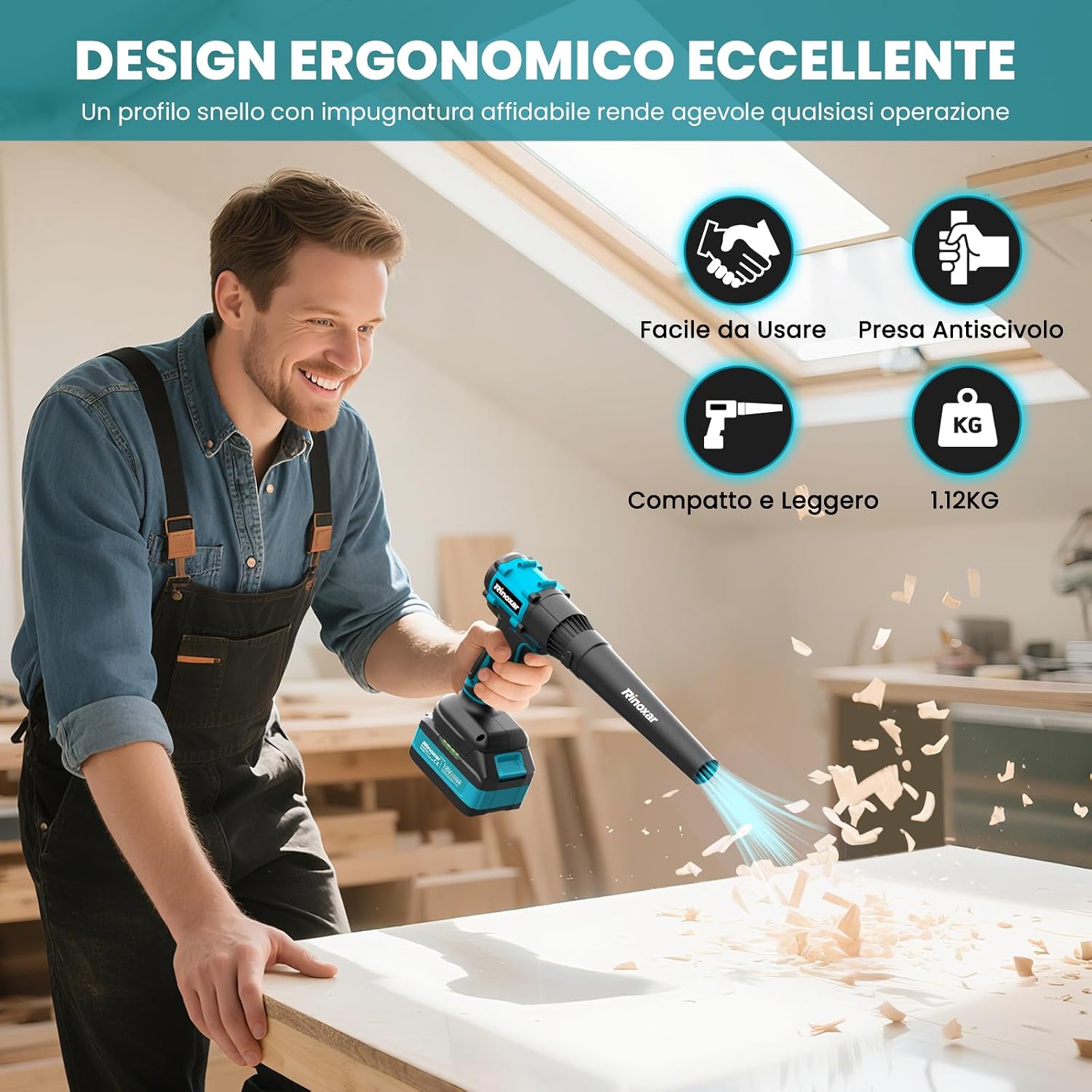 Detalle de Mini Soffiatore a Batteria Rinoxar: Potenza leggera per giardino, terrazza e auto