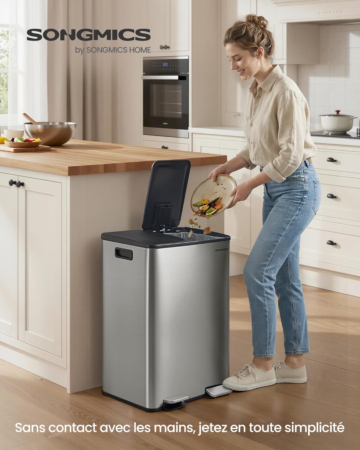 Thumbnail 1 de Songmics Poubelle de cuisine à pédale double compartiment 2 x 30 L (crème) LTB741AZ02