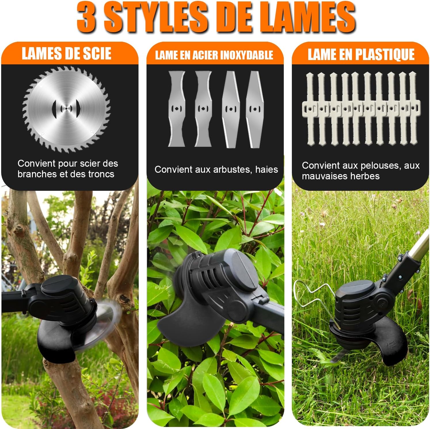 Detalle de DéBroussailleuse à Électrique Sans Fil 21V – 2 Batteries + Chargeur Rapide, 4 Lames et Roues (Élagage et Taille des Bordures)