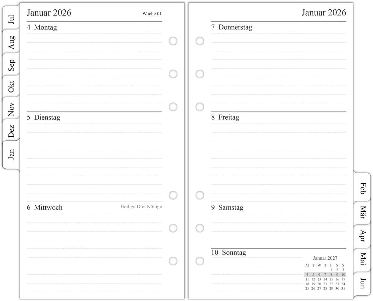 newestor Wochenplaner Einlage A6 (26–27), 1 Woche auf 2 Seiten mit Tabs – Jul 2026 bis Jun 2027