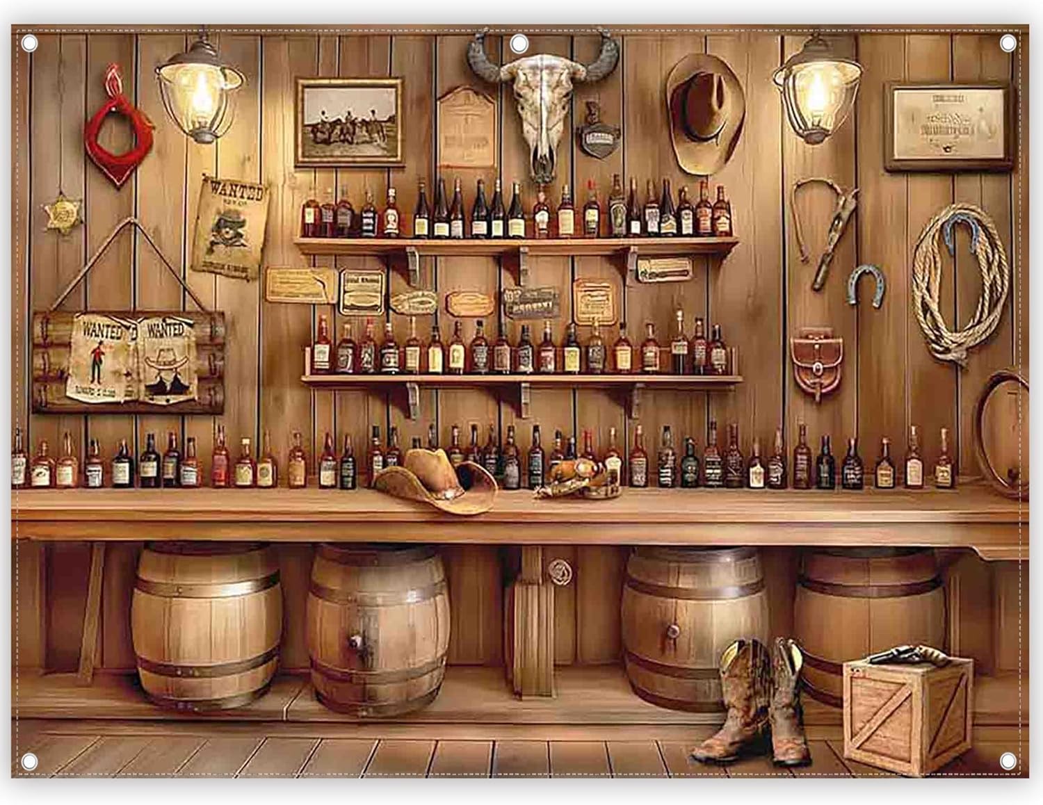 Luminora 8x6ft Western Cowboy bar backdrop (rustic wooden house & wine barrels) for birthdays, parties and photo booths