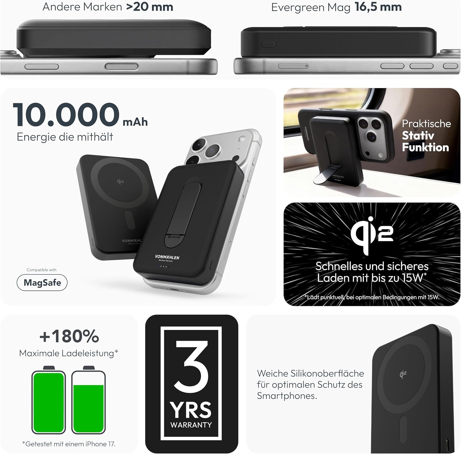 Detalle de VONMÄHLEN Evergreen Mag con Kickstand: power bank magnetica da 10000 mAh con ricarica wireless 15 W per MagSafe