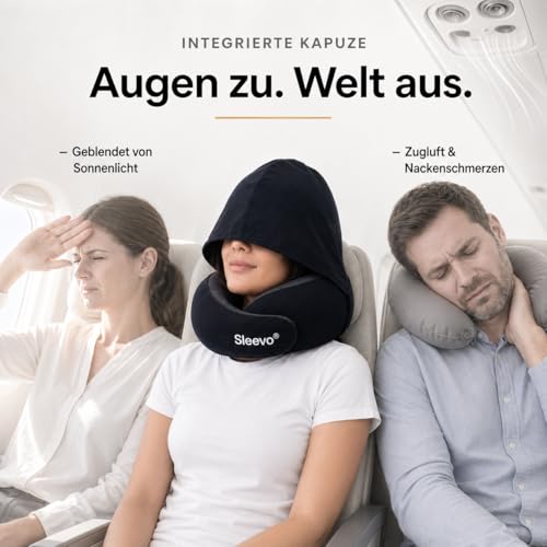 Detalle de Sleevo Pro Nackenkissen (L) fürs Flugzeug mit Kapuze, Memory-Schaum, Schwarz