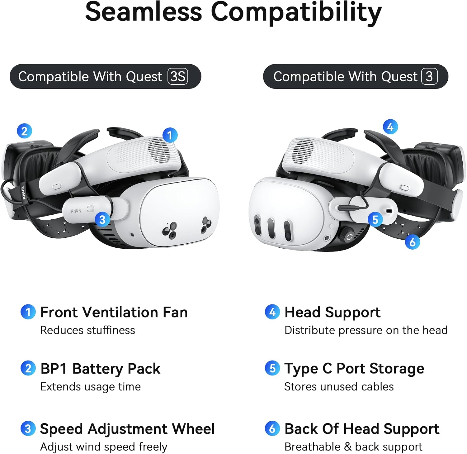 Detalle 2 de AMVR BS1 Headstrap mit Akku – kompatibel mit Meta Quest 3/3S