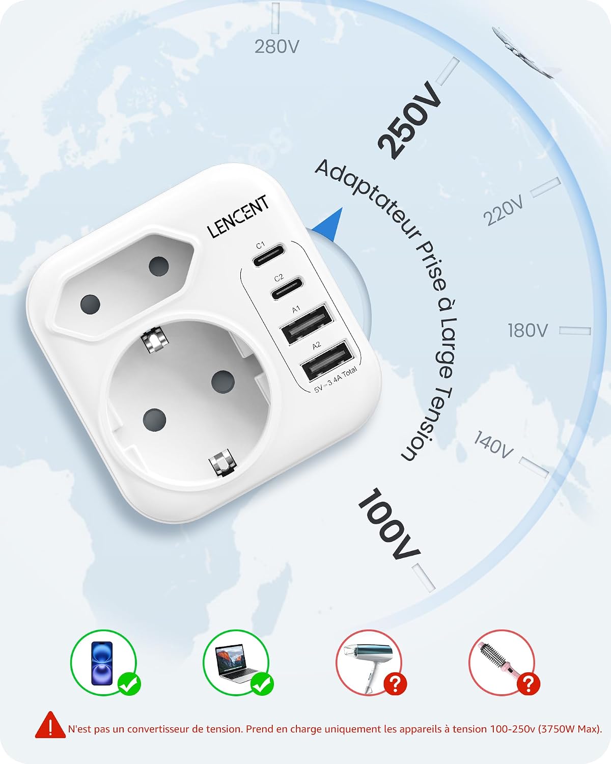 Thumbnail 6 de LENCENT Adaptateur Prise USA 6‑en‑1