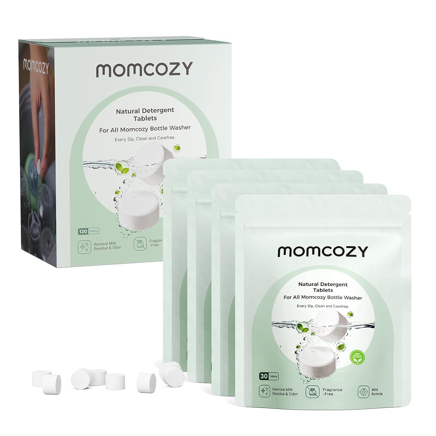 Detalle de Momcozy Offizielle Waschtabletten – pflanzliche Reinigung für Babyflaschen, 120 Tabletten