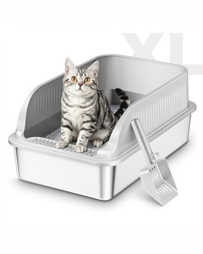 Detalle de ICOYEA Katzenklo Edelstahl XXL – Großes, halbgeschlossenes Katzentoilette mit Abnehmbarem Rand, rostfrei