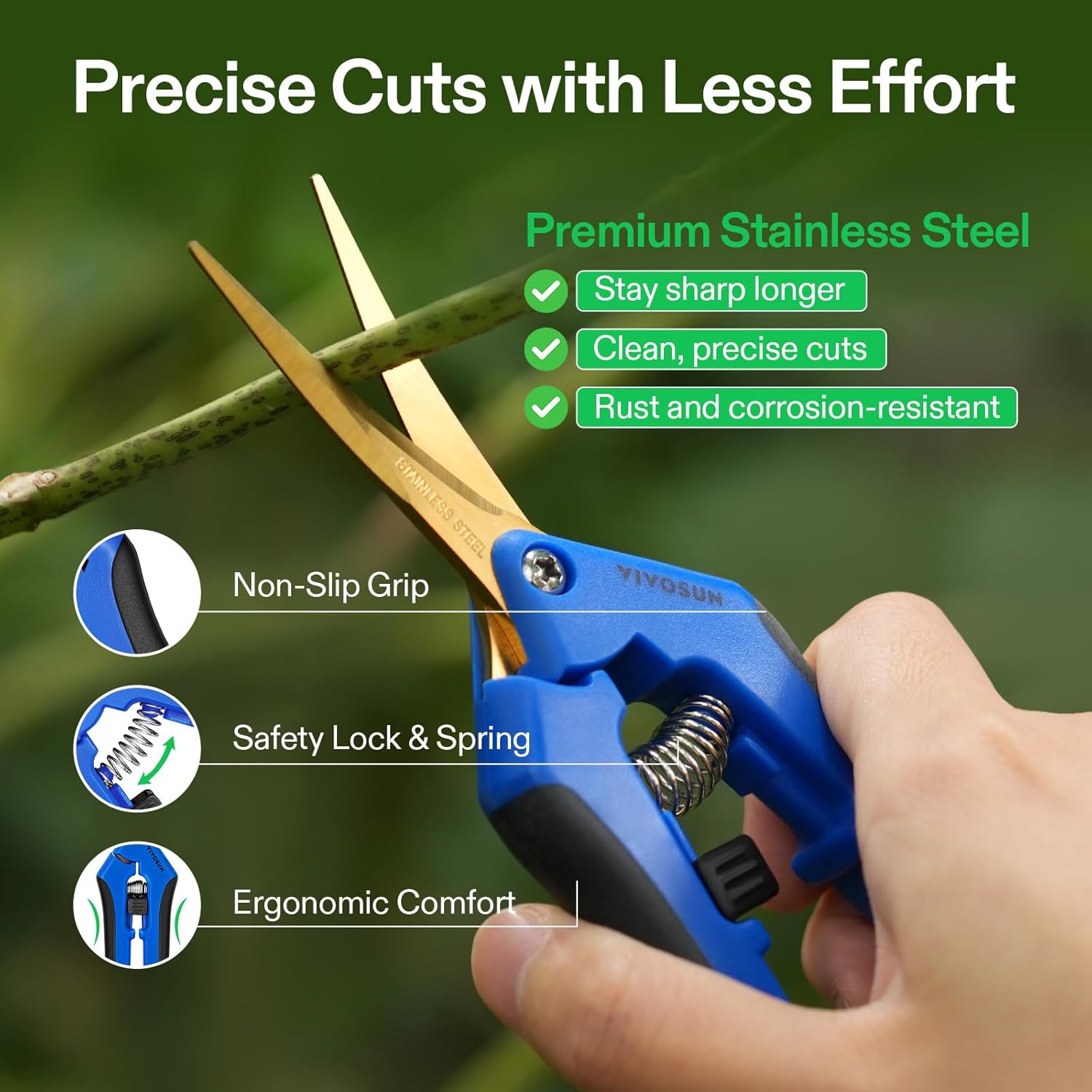 Thumbnail 3 de VIVOSUN Lot de 2 Sécateurs de Jardin 17 cm – Lames droites en acier inoxydable avec revêtement titane, poignée ergonomique et verrouillable