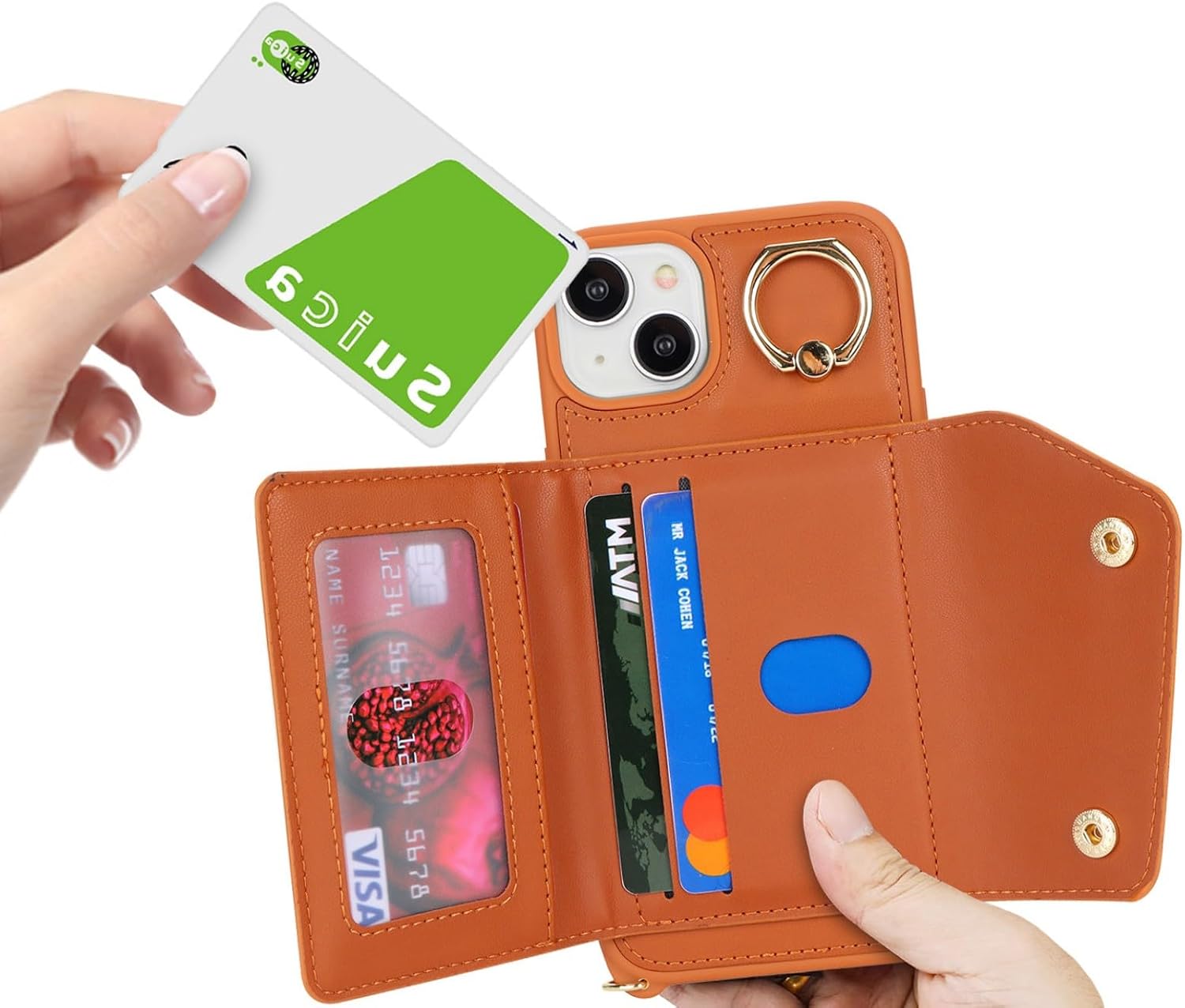 Detalle de Zouzt iPhone 15 Plus Case with Card Holder, Zipper Wallet & Strap – PU Leather Brown
