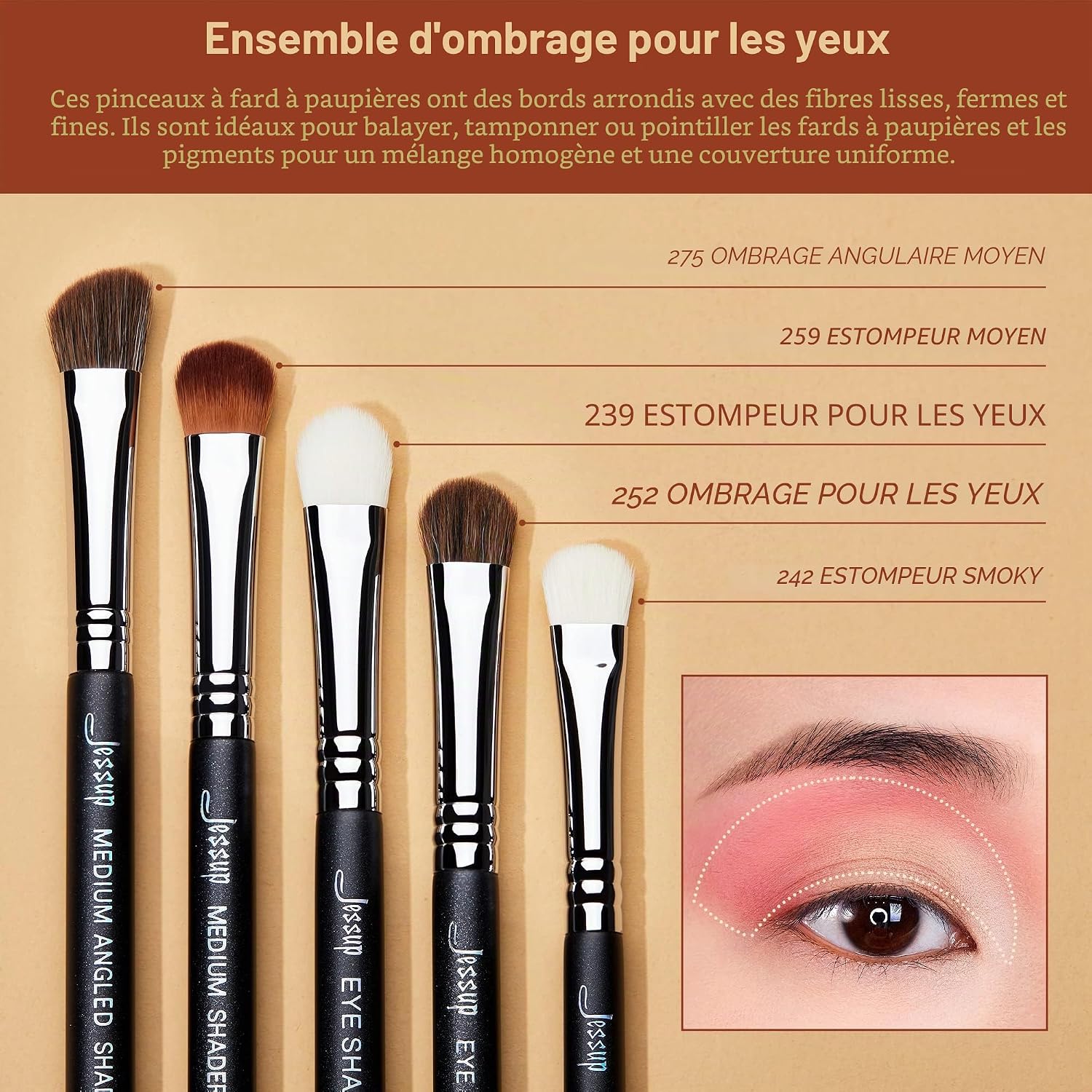 Detalle 2 de Jessup – Set de 12 pinceaux pour maquillage des yeux (fard à paupières), noir T339