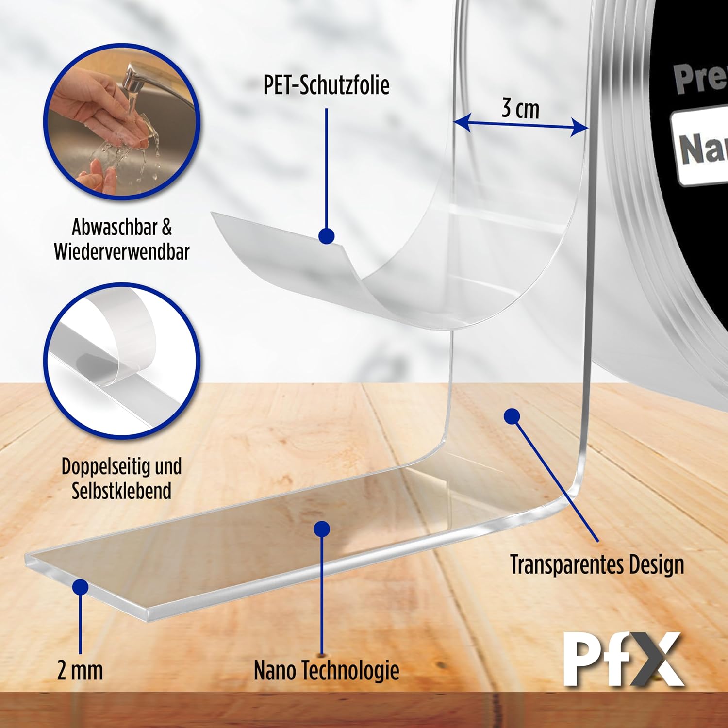 Detalle de PfX Extrem Starkes Premium Nano Tape (5 m) – wiederverwendbares transparentes Nano-Klebeband