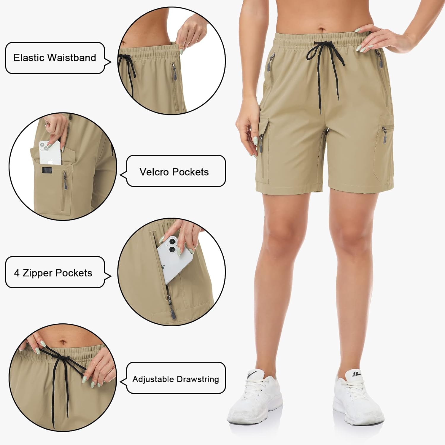 Detalle 2 de GymBrave Pantaloncini Trekking Donna Estivi Leggeri Cargo: asciugatura rapida e tasche utility