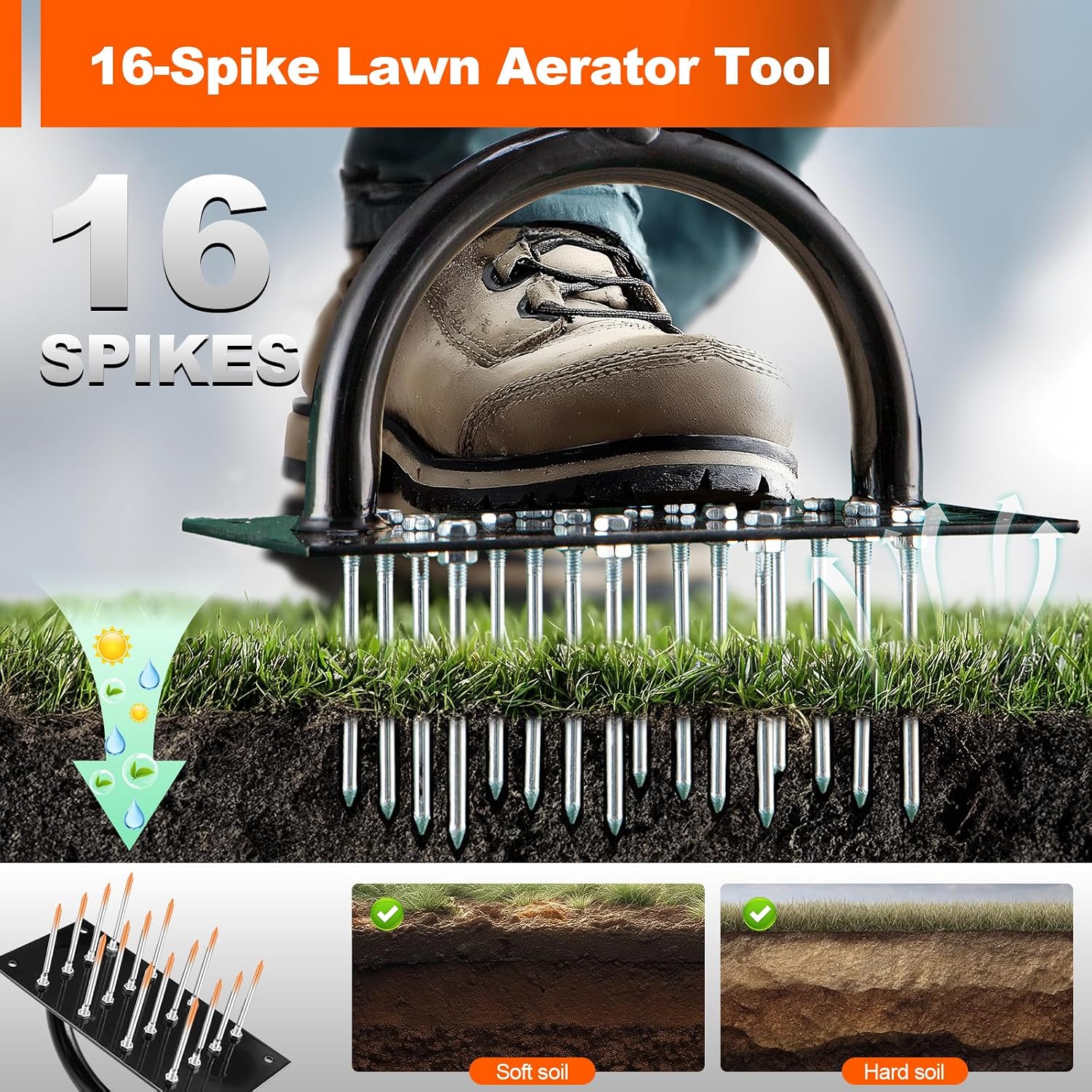 Detalle 2 de Bluesea Lawn Aerator with 16 Spikes, T-Handle and Automatic Soil Release