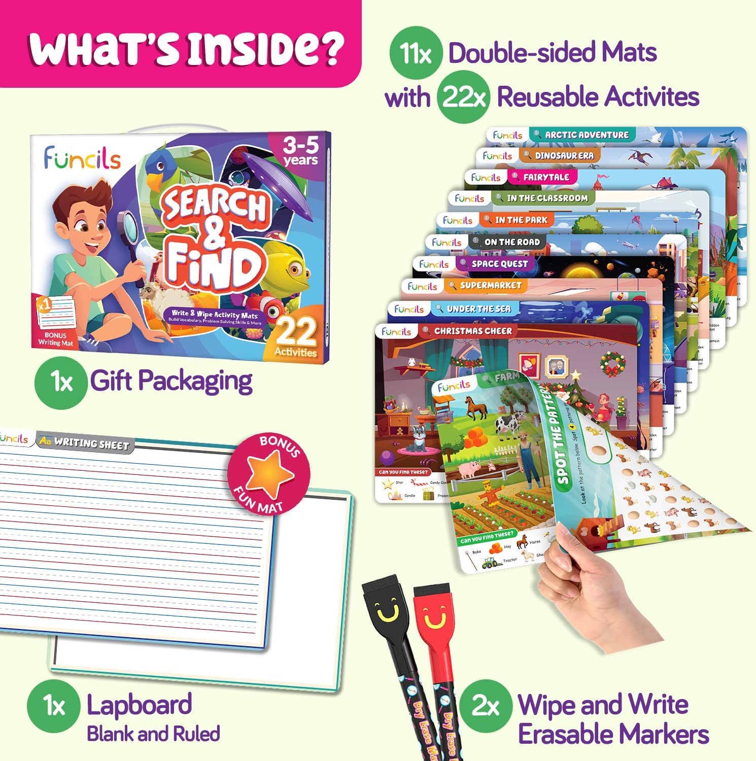Thumbnail 1 de FunCils Preschool Learning Activities Search and Find – double-sided dry erase mat craft set for toddlers (ages 3–6)