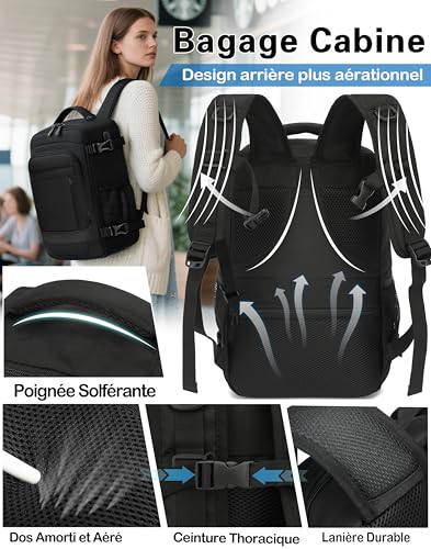 Detalle de KLOSTAIN Sac à Dos Voyage Cabine Avion 45x36x20 cm – 30 L, 14'' Laptop, Noir