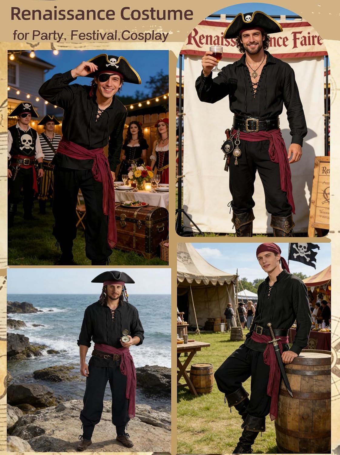Detalle de Men's Pirate Renaissance Costume, 8-Piece Set with Lace-Up Shirt and Sash