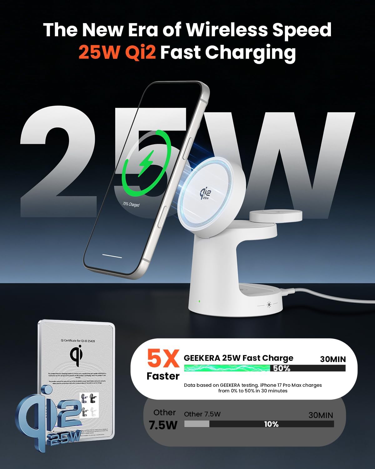 Detalle 2 de GEEKERA 25W 3-in-1 Qi2-oplaadstation met nachtlampje en 45W-adapter