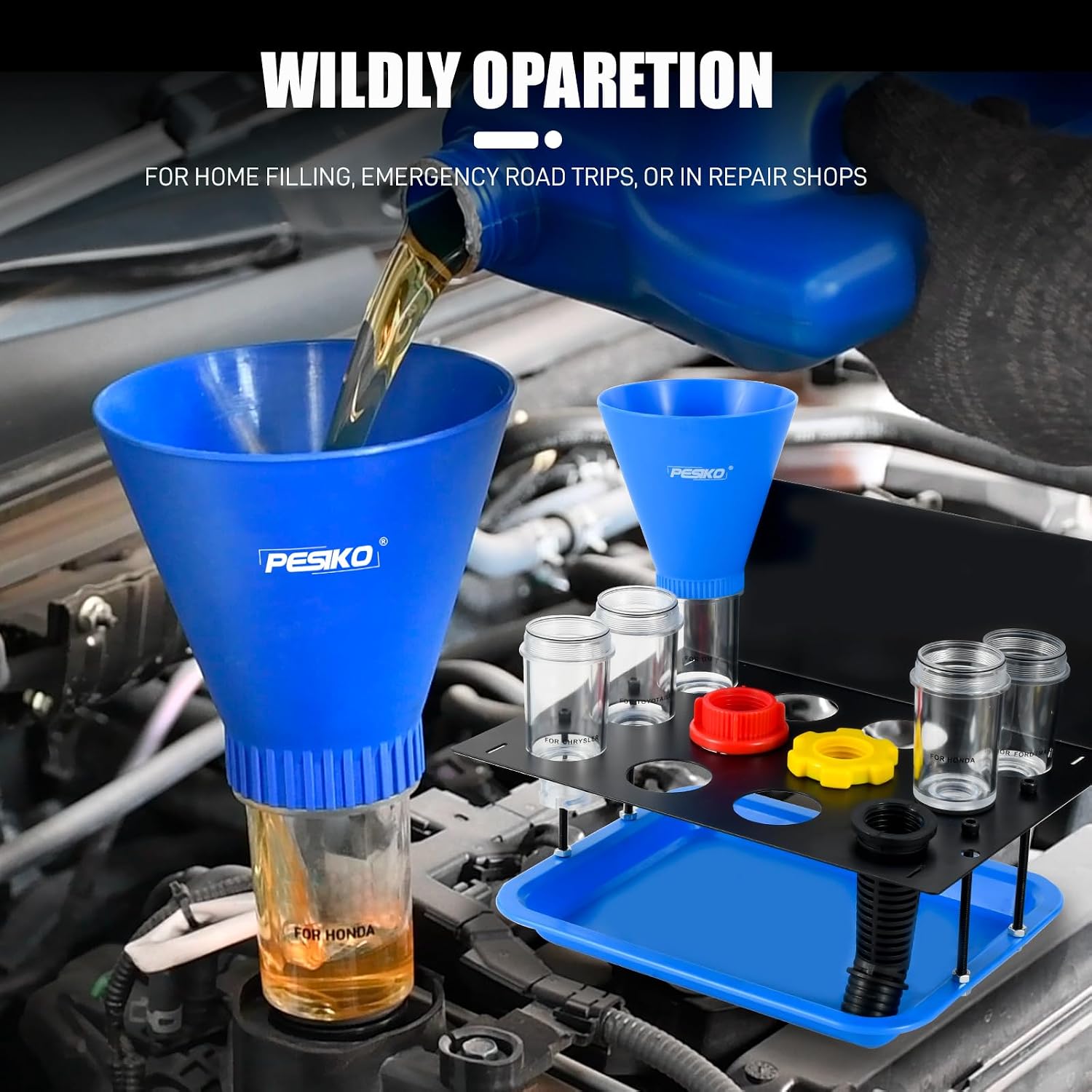 Detalle de PESIKO Engine Oil Funnel Kit: No Spill, Hands-Free Oil Change with 9 Adapters and Metal Storage Shelf