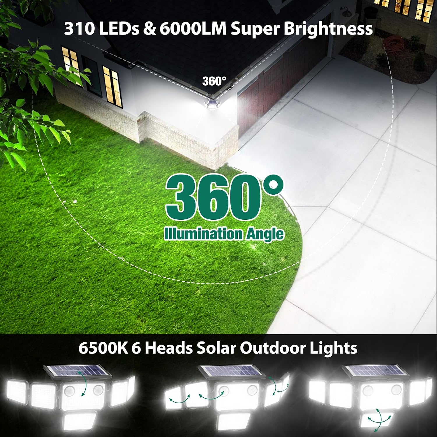 Detalle de omibee OEE216C10S Solar Flood Light, 6 Adjustable Heads, 6000 Lumens, IP65