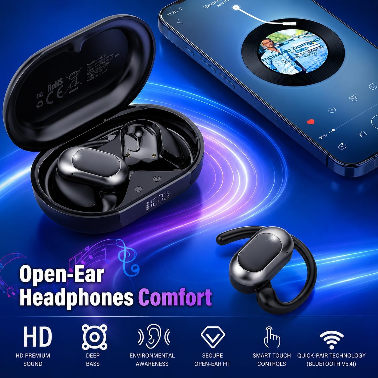Detalle de Open Ear Headphones 2026: Over-Ear Earbuds with 4 Noise-Canceling Mics and 36H Battery