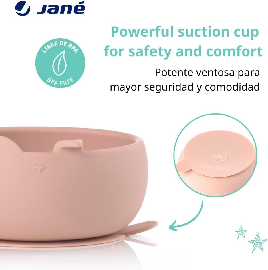 Detalle de Jané Bol et Cuillère en Silicone avec Ventouse – Ensemble bébé rose, sans BPA et compatible micro-ondes