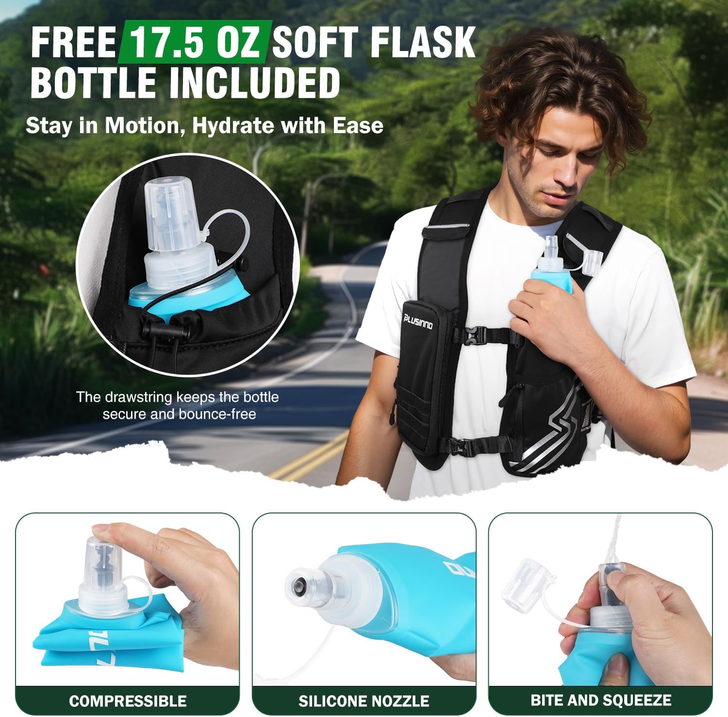 Thumbnail 4 de PLUSINNO Running Hydration Vest for Women and Men with 500ml Soft Flask