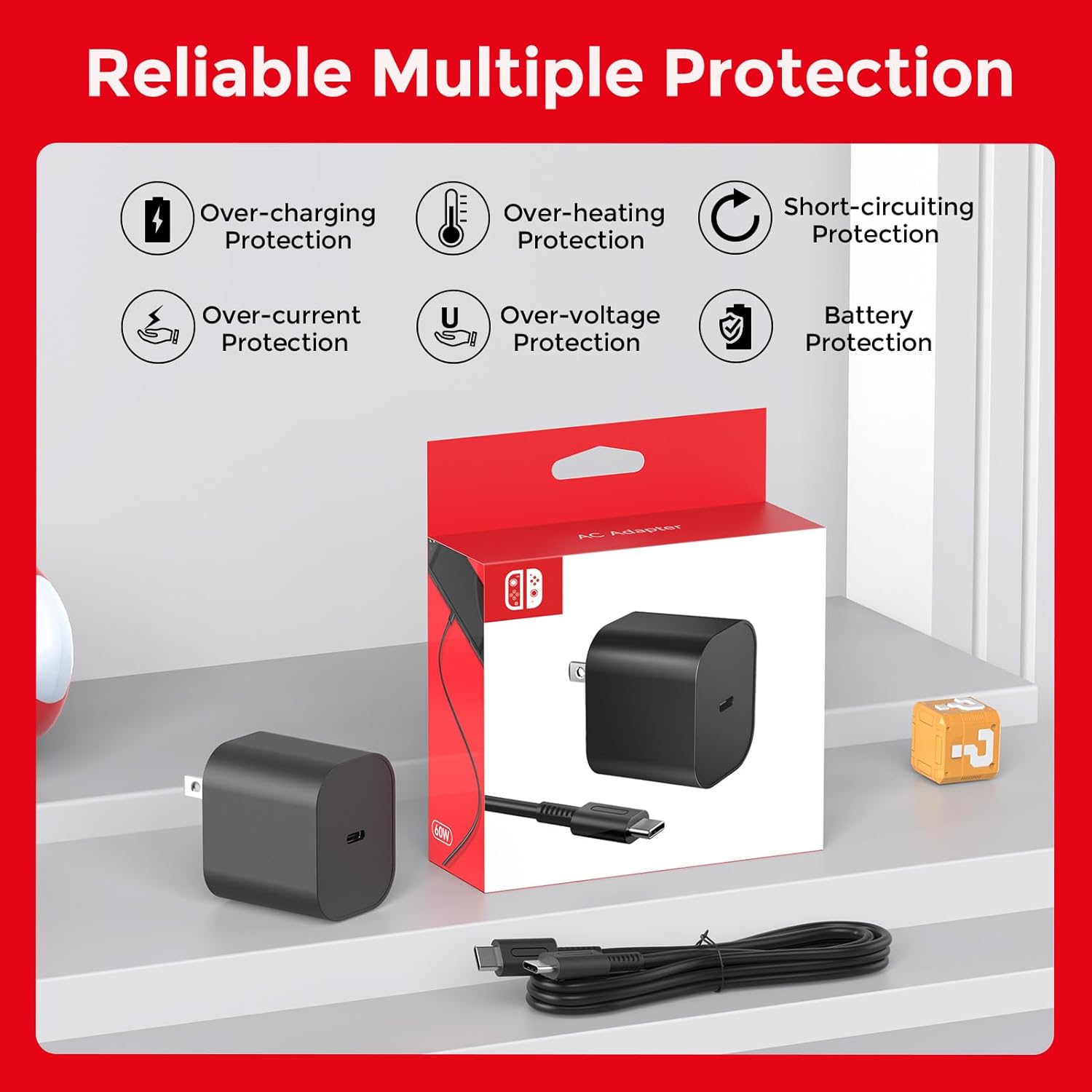 Thumbnail 4 de Charger for Nintendo Switch 2 60W AC Adapter with 10ft USB-C Cable
