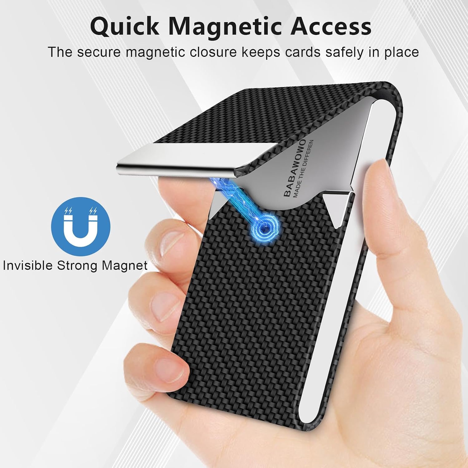 Detalle de BABAWOWO Slim RFID-Blocking Card Holder with PU Leather & Stainless Steel – Black Carbon