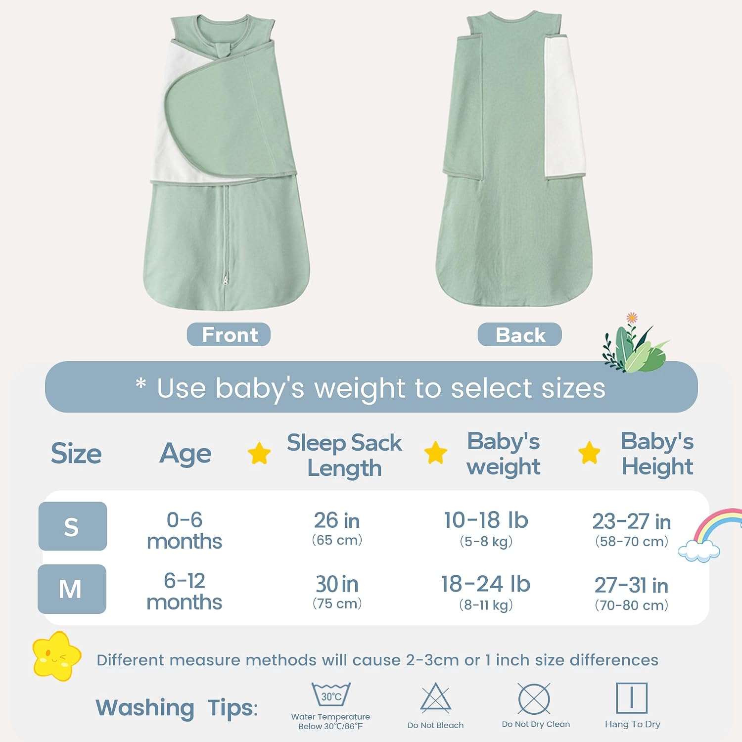 Detalle de ZIGJOY Newborn Sleeping Bag Swaddle Wrap 1.0 TOG – 100% Cotton Baby Sleep Sack (Small 0–6m, Medium 6–12m), Green