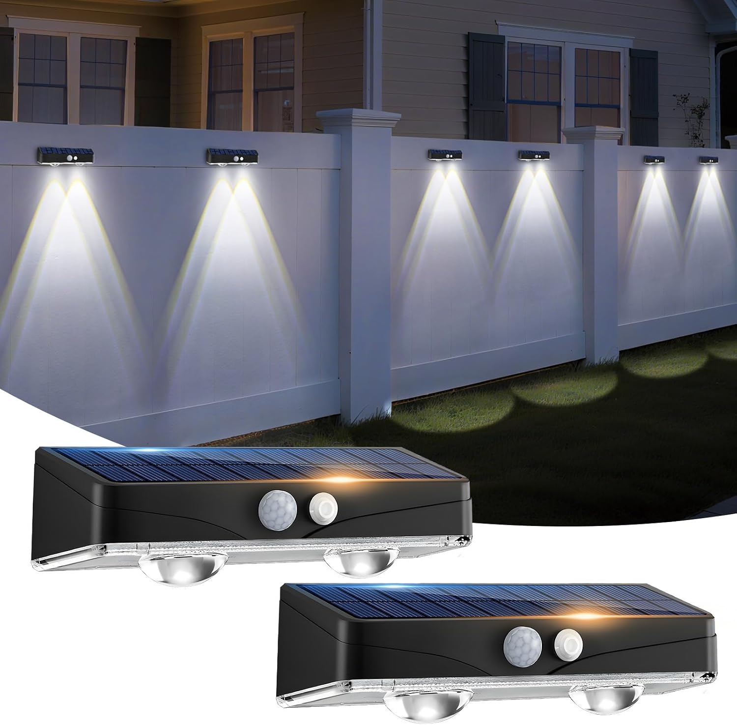 Detalle de Kolpop 3-Mode Solar Fence Lights Outdoor Garden (2-Pack) with PIR Motion Sensor, Cool White, IP65
