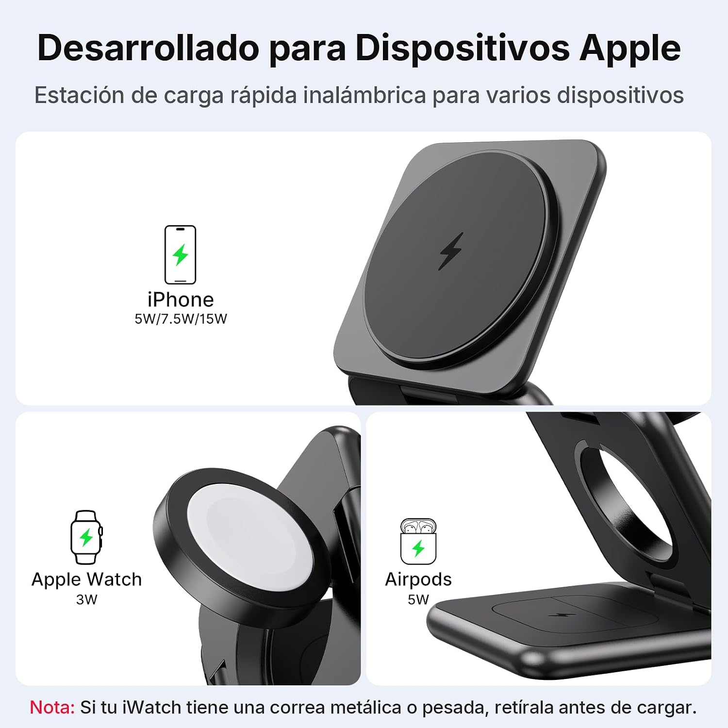 Detalle 2 de Alilong Cargador inalámbrico 15W 3 en 1 plegable