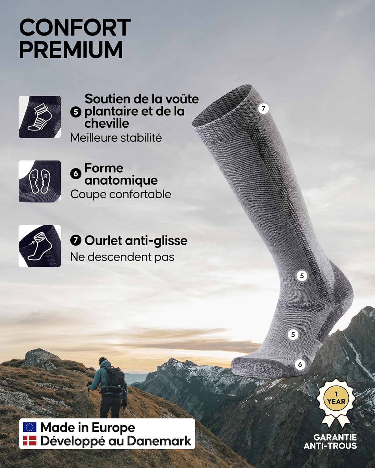 Thumbnail 2 de DANISH ENDURANCE Chaussettes de Randonnée en Laine Mérinos montantes – confort thermique et rembourrage épais