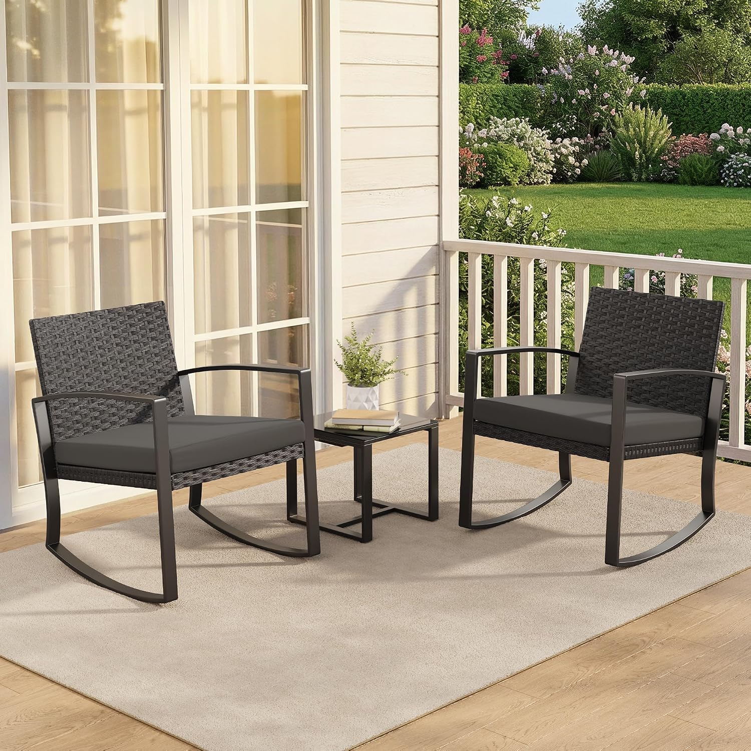 Thumbnail 6 de Qsun WR210-BK 3-Piece Patio Furniture Set with Rocking Chairs and Glass Table