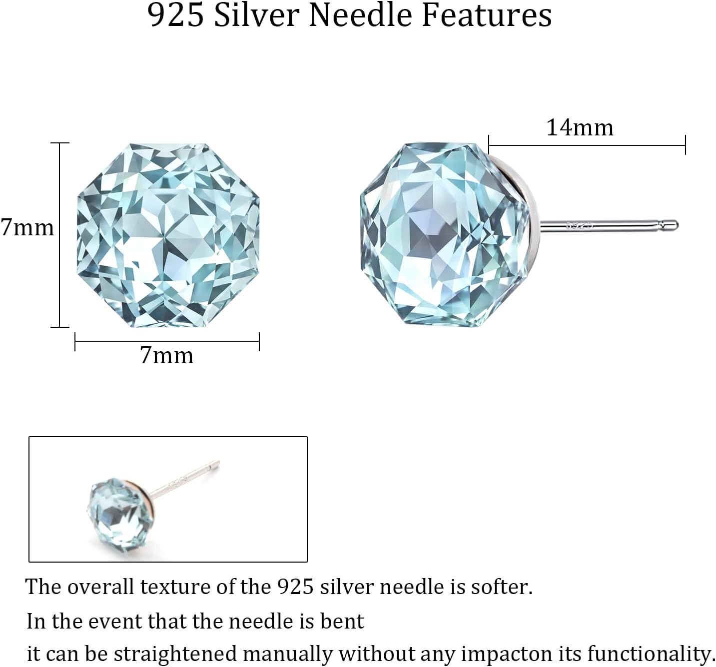 Thumbnail 5 de Weviway Sterling Silver Aquamarine Octagon Stud Earrings (7mm) – March Birthstone