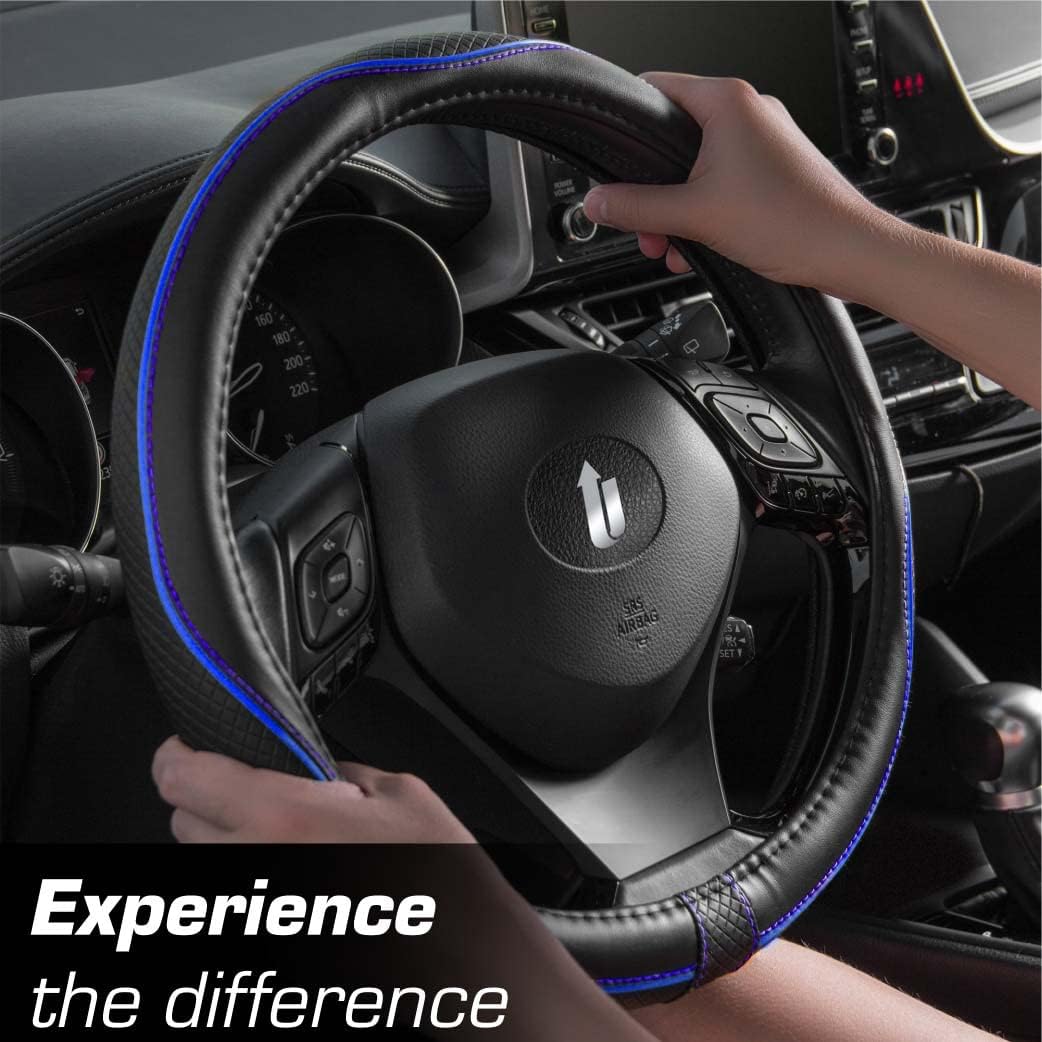 Detalle de Upgrade4cars Blue & Black Leather Look Steering Wheel Cover – Universal 14.5–15 inch Fit