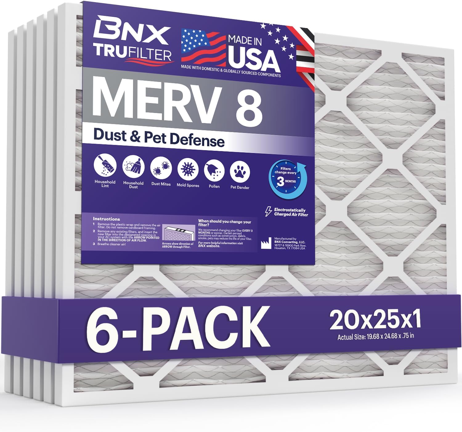 BNX TruFilter 20x25x1 MERV 8 Air Filter (6-Pack) – Electrostatic Pleated HVAC AC Furnace Filters, Made in USA