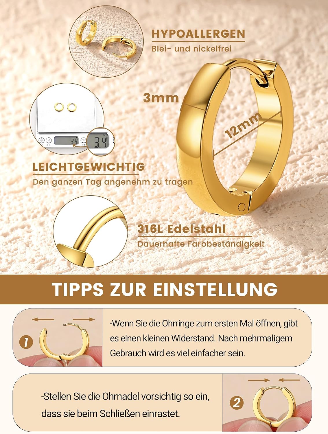 Detalle de GoldChic Ohrringe Damen Creolen 7–16 mm Edelstahl – kleine Huggie Creolen, silber/gold/schwarz